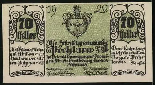Notgeld Pöchlarn 1920, 70 Heller, Stadtansicht mit Kirche und Wappen, florales Muster