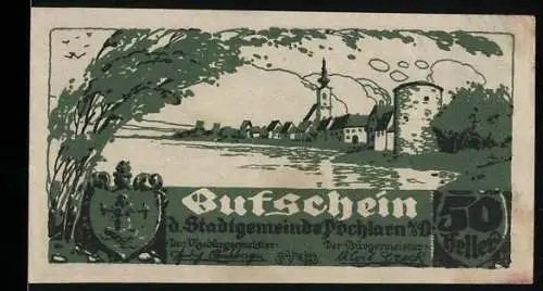 Notgeld Pöchlarn, 50 Heller, Stadtansicht mit Kirche und Fluss, Wappen und Gedicht von J.W. Schöberl