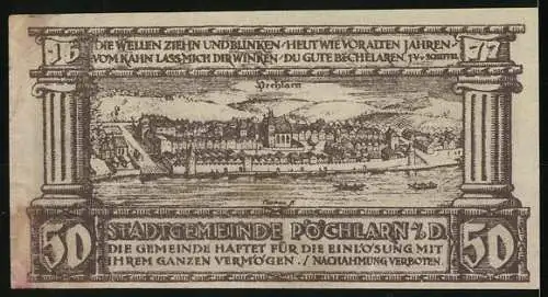 Notgeld Pöchlarn, 50 Heller, Stadtansicht mit Kirche und Fluss, Wappen und Gedicht von J.W. Schöberl