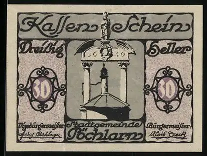 Notgeld Pöchlarn 1920, 30 Heller, Brunnenmotiv und Stadtwappen