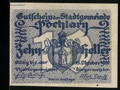 Notgeld Pöchlarn 1920, 10 Heller, Wappen mit Figur und dekorative Schriftzüge