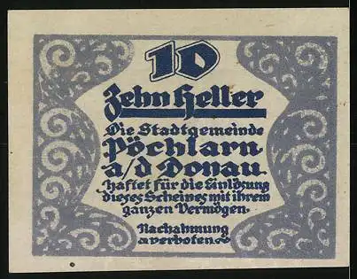 Notgeld Pöchlarn 1920, 10 Heller, Wappen mit Figur und dekorative Schriftzüge