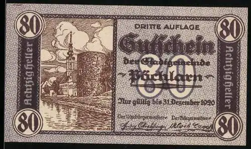 Notgeld Pöchlarn 1920, 80 Heller, Stadtansicht und Kirche, Wappen und Spruchband