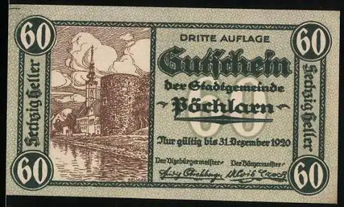 Notgeld Pöchlarn 1920, 60 Heller, Stadtansicht mit Kirche und Zinnenmauer, Stadtwappen