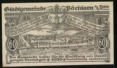 Notgeld Pöchlarn 1920, 60 Heller, Stadtansicht mit Kirche und Zinnenmauer, Stadtwappen