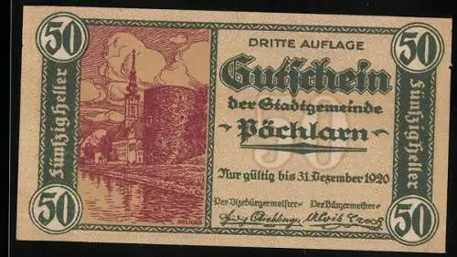 Notgeld Pöchlarn 1920, 50 Heller, Stadtansicht und historische Szene, dritte Auflage