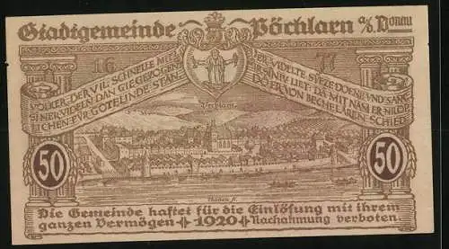 Notgeld Pöchlarn 1920, 50 Heller, Stadtansicht und historische Szene, dritte Auflage