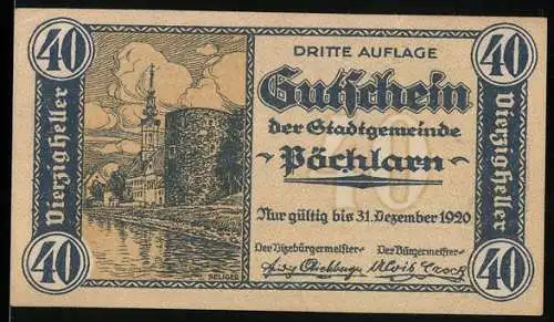 Notgeld Pöchlarn 1920, 40 Heller, Stadtansicht und Flusslandschaft mit Kirche und Turm