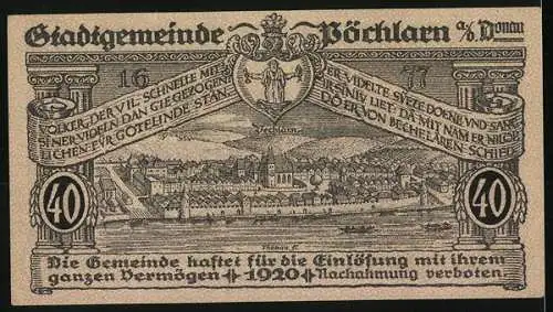 Notgeld Pöchlarn 1920, 40 Heller, Stadtansicht und Flusslandschaft mit Kirche und Turm