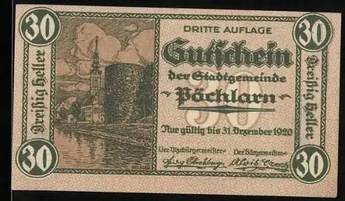 Notgeld Pöchlarn 1920, 30 Heller, Stadtansicht mit Kirche und Fluss, Wappen oben mittig