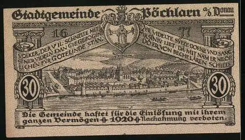 Notgeld Pöchlarn 1920, 30 Heller, Stadtansicht mit Kirche und Fluss, Wappen oben mittig