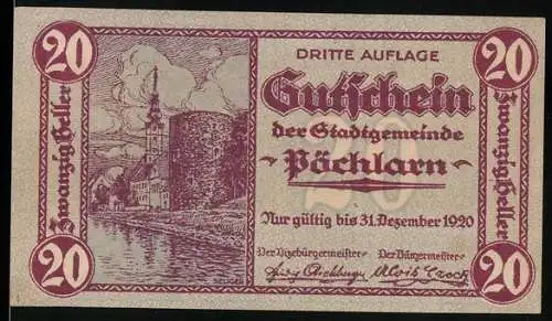 Notgeld Pöchlarn 1920, 20 Heller, Stadtansicht mit Burgturm und Fluss, Stadtwappen und poetische Inschrift