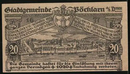 Notgeld Pöchlarn 1920, 20 Heller, Stadtansicht mit Burgturm und Fluss, Stadtwappen und poetische Inschrift