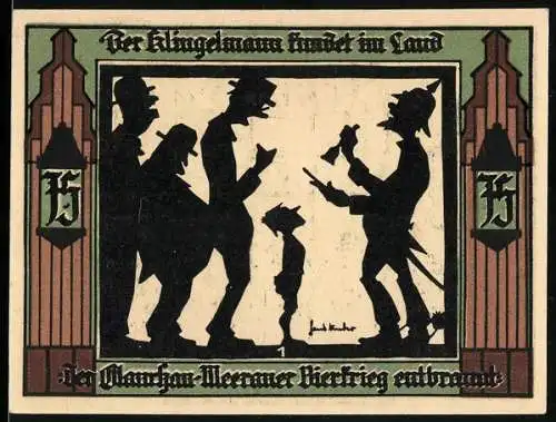 Notgeld Glauchau 1921, 75 Pfennig, Silhouetten und Stadttor, Wappen, Seriennummer 035361