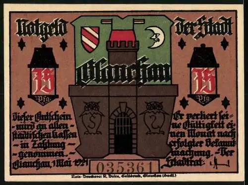 Notgeld Glauchau 1921, 75 Pfennig, Silhouetten und Stadttor, Wappen, Seriennummer 035361