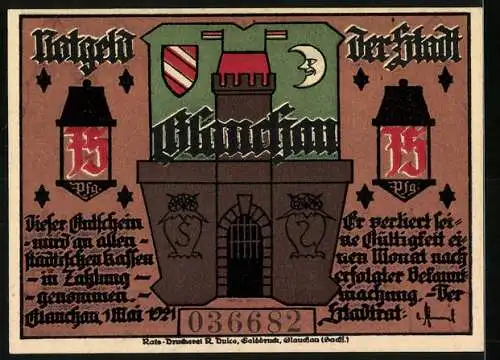 Notgeld Glauchau 1921, 75 Pfennig, Silhouetten zweier Männer und Stadttor mit Wappen und Mond, Seriennummer 036682