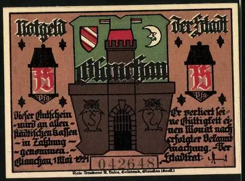 Notgeld Glauchau 1921, 75 Pfennig, Silhouetten von Figuren, Wappen und Burgturm, Seriennummer 042648