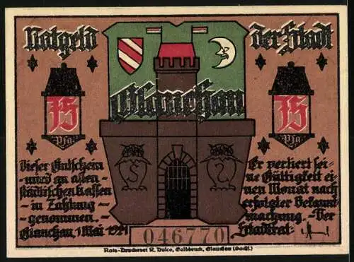 Notgeld Glauchau 1921, 75 Pfennig, Schattenspiel mit Spruch und Stadtwappen