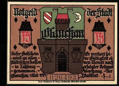 Notgeld Glauchau 1921, 75 Pfennig, Stadttor und Schattenspiel, Seriennummer 026493, Wappen