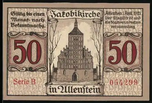 Notgeld Allenstein 1921, 50 Pfennig, Jakobikirche und Johann von Leyssen als Motiv, Serie B, Nr. 