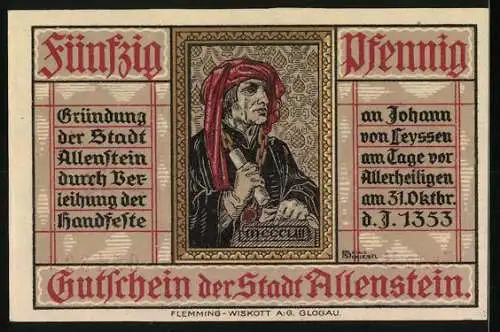 Notgeld Allenstein 1921, 50 Pfennig, Jakobikirche und Johann von Leyssen als Motiv, Serie B, Nr. 