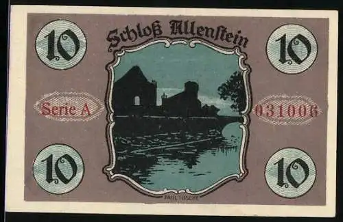 Notgeld Allenstein 1921, 10 Pfennig, Schloss Allenstein und Porträt von Nikolaus Kopernikus, Serie A, Nr. 031006