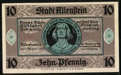 Notgeld Allenstein 1921, 10 Pfennig, Schloss Allenstein und Porträt von Nikolaus Kopernikus, Serie A, Nr. 031006