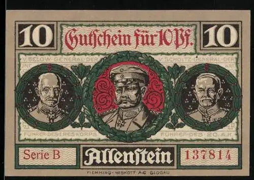 Notgeld Allenstein 1921, 10 Pfennig, Generäle und Brotbäckerei-Szene, Serie B, Nr. 137814