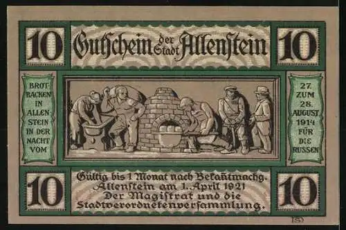 Notgeld Allenstein 1921, 10 Pfennig, Generäle und Brotbäckerei-Szene, Serie B, Nr. 137814