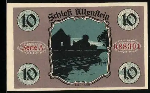 Notgeld Allenstein 1921, 10 Pfennig, Schloss Allenstein und Porträt von Niklaus Koppernikus