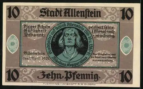 Notgeld Allenstein 1921, 10 Pfennig, Schloss Allenstein und Porträt von Niklaus Koppernikus