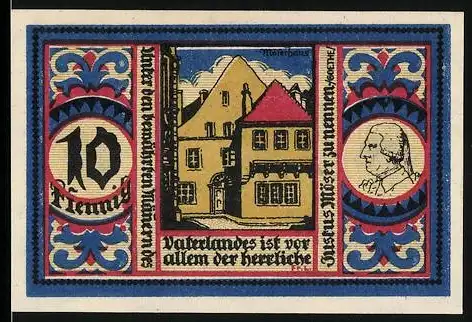 Notgeld Osnabrück 1921, 10 Pfennig, Gebäude und Porträt, Stadtwappen und dekoratives Muster