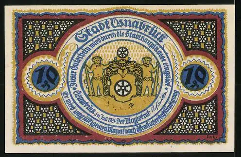 Notgeld Osnabrück 1921, 10 Pfennig, Gebäude und Porträt, Stadtwappen und dekoratives Muster