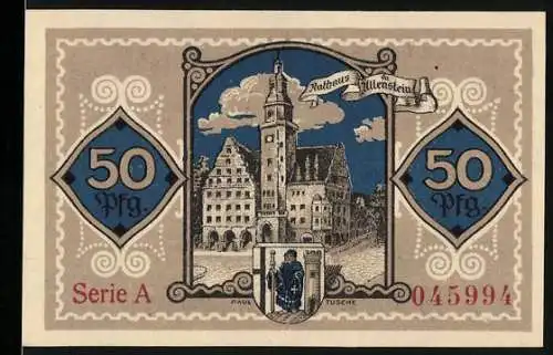 Notgeld Allenstein 1921, 50 Pfennig, Rathaus und deutscher Adler, Serie A, Nr. 045994