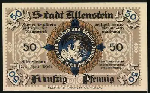 Notgeld Allenstein 1921, 50 Pfennig, Rathaus und deutscher Adler, Serie A, Nr. 045994