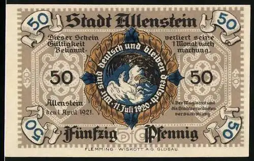 Notgeld Allenstein 1921, 50 Pfennig, Stadtwappen und Rathaus, Serie A, Ser.Nr. 006925