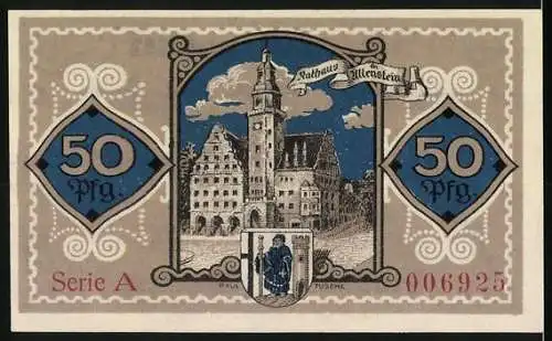 Notgeld Allenstein 1921, 50 Pfennig, Stadtwappen und Rathaus, Serie A, Ser.Nr. 006925