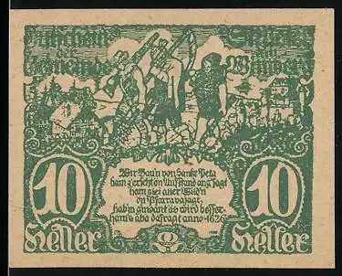 Notgeld St. Peter am Wimberg 1921, 10 Heller, historische Szene und Wappen mit Hahn