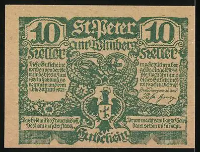 Notgeld St. Peter am Wimberg 1921, 10 Heller, historische Szene und Wappen mit Hahn