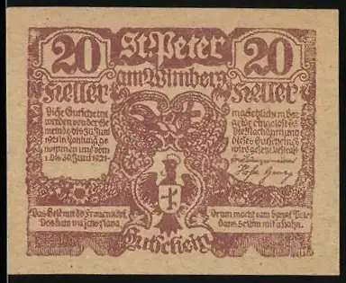 Notgeld St. Peter am Wimberg, 20 Heller, Bergarbeitermotiv und Wappen, 1626 datiert