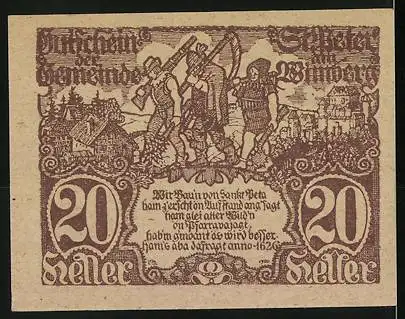 Notgeld St. Peter am Wimberg, 20 Heller, Bergarbeitermotiv und Wappen, 1626 datiert