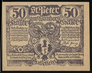 Notgeld St. Peter 1921, 50 Heller, Wappen mit Adler und Stadtansicht