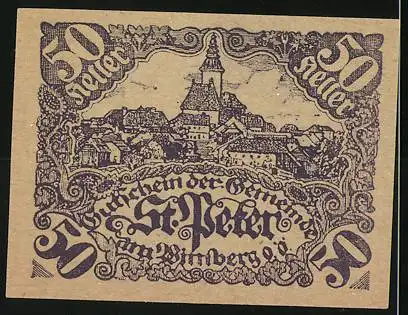 Notgeld St. Peter 1921, 50 Heller, Wappen mit Adler und Stadtansicht