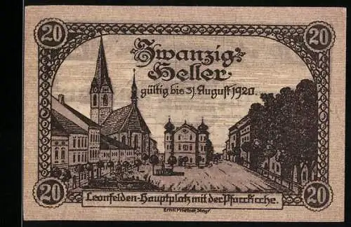 Notgeld Leonfelden 1920, 20 Heller, Hauptplatz mit Pfarrkirche, Wappen der Marktgemeinde