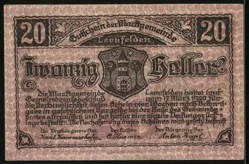 Notgeld Leonfelden 1920, 20 Heller, Hauptplatz mit Pfarrkirche, Wappen der Marktgemeinde