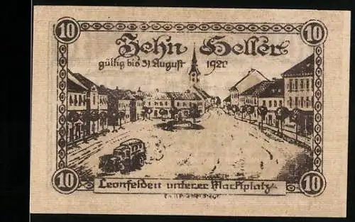 Notgeld Leonfelden 1921, 10 Heller, Unterer Marktplatz und Wappen der Marktgemeinde