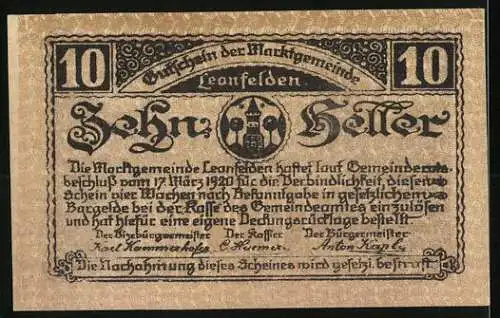 Notgeld Leonfelden 1921, 10 Heller, Unterer Marktplatz und Wappen der Marktgemeinde