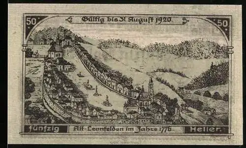 Notgeld Leonfelden 1920, 50 Heller, Alt-Leonfelden 1776, Stadtansicht und Turm-Motiv