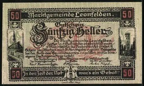 Notgeld Leonfelden 1920, 50 Heller, Alt-Leonfelden 1776, Stadtansicht und Turm-Motiv