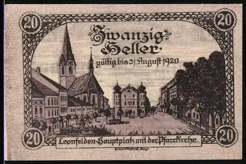 Notgeld Leonfelden 1920, 20 Heller, Hauptplatz mit Pfarrkirche, Wappen der Marktgemeinde